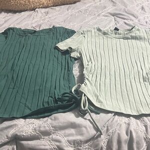 SHEIN Ribbed Short Sleeve Tie-Side Tops in Dark Green & Light Mint